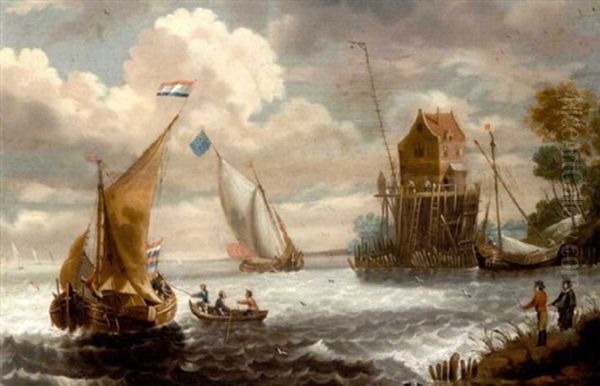 An Estuary With Dutch Vessels In Choppy Waters With Fishermen In The Foreground And A Fisherman's Hut On Stilts Beyond by Cornelis Mahu