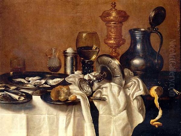 Oysters, A Bun And Smoking Utensils On Pewter Plates, With An Upturned Silver Tazza, A Knife, A Partly-peeled Lemon, An Upturned Berkemeier, A Silver Salt And A Giant Roemer On A Partly-draped Table by Cornelis Mahu