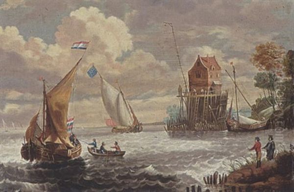 A River Landscape With Sailing Vessels And A Rowing Boat Near A Small Harbour With Anglers On The Quay Oil Painting by Cornelis Mahu