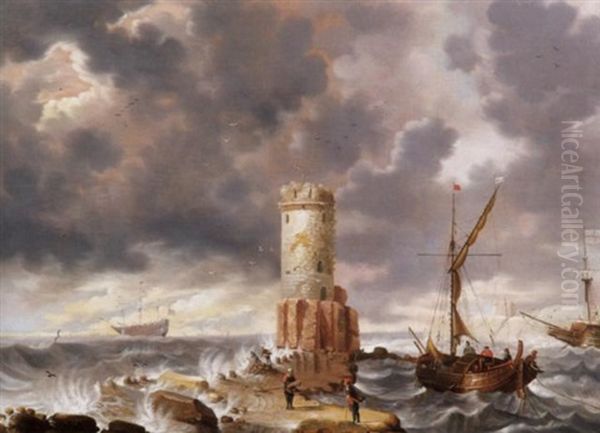 Phantastischer Hafen Mit Leuchtturm Oil Painting by Cornelis Mahu