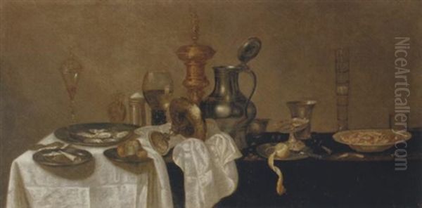 An Upturned Tazza, A Roemer, A Facon-de-venise Glass, Oysters, A Bun, A Lemon, A Knife And A Tazza On Pewter Plates, With A Porcelain Bowl On A Partly-draped Ledge Oil Painting by Cornelis Mahu