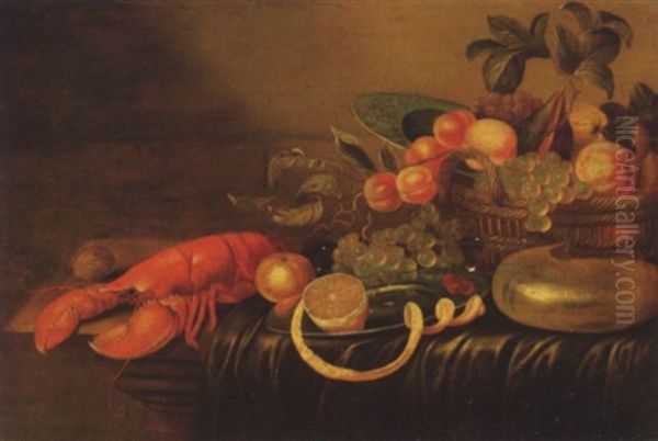 A Lobster, A Walnut, An Orange, A Peeled Lemon On  Pewter Plate, Cherries, White Grapes With A Basket Of Fruit, A Porcelain Dish And A Nautilus Shell On A Partially Draped Table Oil Painting by Cornelis Mahu