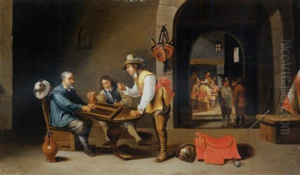 Officers And Peasants Playing Games In An Inn Oil Painting by Cornelis Mahu