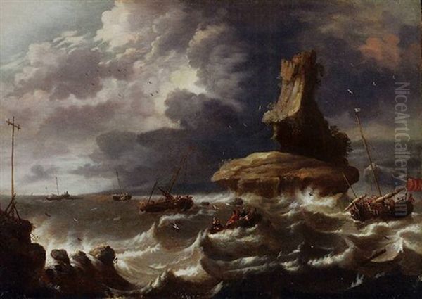 Fishing Boats Off The Coast Caught In A Gale Oil Painting by Cornelis Mahu