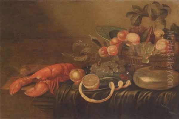 A Lobster, A Walnut, An Orange, A Peeled Lemon On A Pewter Plate, Cherries, White Grapes With A Basket Of Fruit, A Porcelain Dish And A Shell On A Table by Cornelis Mahu