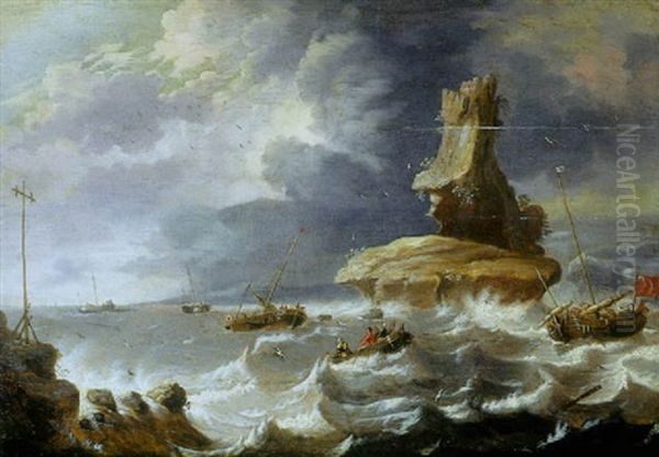 Shipping In The Stormy Seas With A Rocky Islet Beyond Oil Painting by Cornelis Mahu