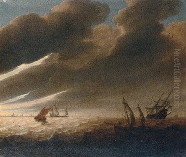 Shipping Off A Distant Coastline Oil Painting by Cornelis Mahu