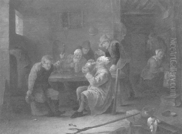 A Tavern Interior With Topers Drinking Around A Table, A Maid Cooking In The Fireplace Of A Room Beyond Oil Painting by Cornelis Mahu