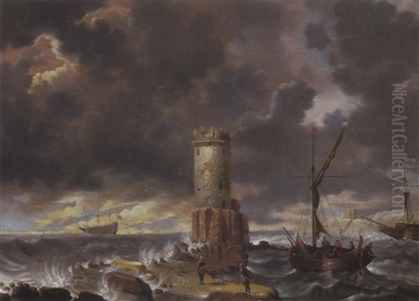 Shipping In Stormy Sead, With Figures By A Lighthouse Oil Painting by Cornelis Mahu