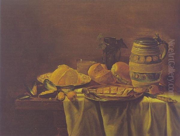 Still Life Of A Herring On A Pewter Plate, Mussels, Bread, Tankard And Other Objects On A Partly Draped Table Oil Painting by Cornelis Mahu