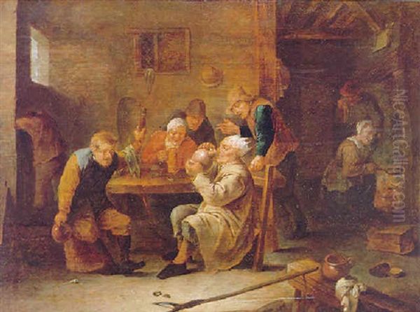 A Tavern Interior With Topers Drinking, Seated Around A Table, A Maid Cooking In The Fireplace In A Room Beyond Oil Painting by Cornelis Mahu