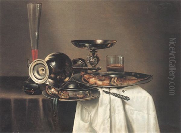 Still Life With Silver Ewer And Plate On Draped Table Oil Painting by Cornelis Mahu