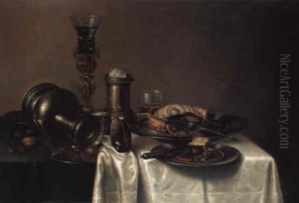 A Roemer On A Stand, An Overturned Jug...with A Pie And Nuts On A Table Oil Painting by Cornelis Mahu