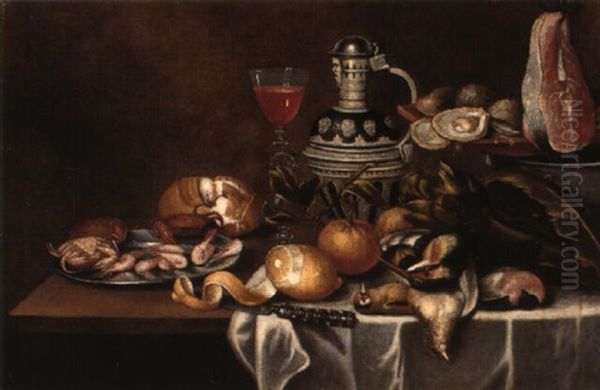 Crabs And Prawns On A Pewter Plate With Game, Dishes And Vegetables Oil Painting by Cornelis Mahu