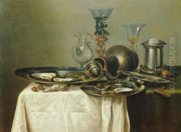 A Pewter Salver With Oysters, A Roemer, Jug And A Salt      Cellar On A Draped Table With Hazelnuts And A Knife Oil Painting by Cornelis Mahu