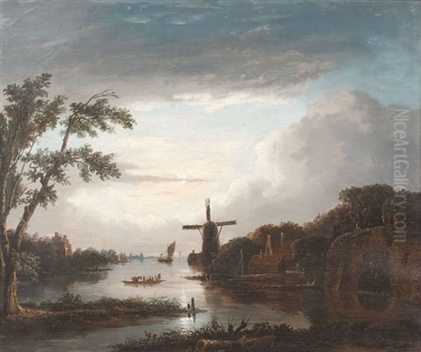 Abendlandschaft Mit Hollandischem Dorf Und Windmuhle by Jacobus Adrianus Maigret