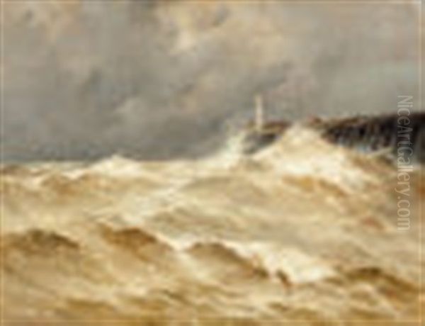 Lighthouse In The Storm Oil Painting by Emile Maillard