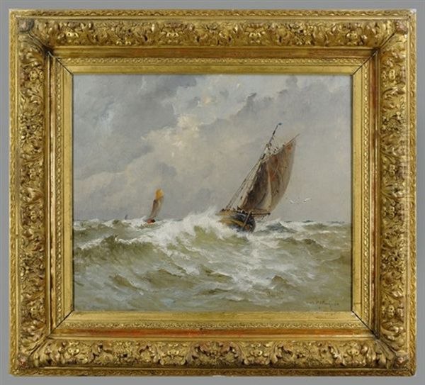 Untitled (seascape Of Two Sailing Ships In Turbulent Seas With The Sun Breaking Through The Clouds) Oil Painting by Emile Maillard