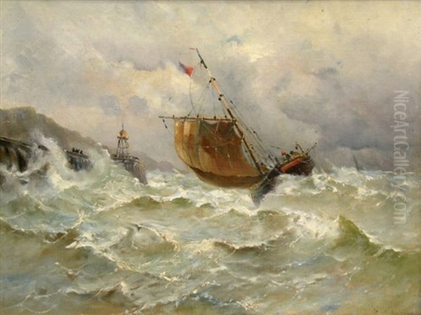 Bateau De Peche Se Presentant Devant Un Port Par Grosse Mer Oil Painting by Emile Maillard