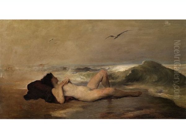 Liegender Frauenakt Am Strand Mit Heranziehender Woge, Daruber Seemoven Oil Painting by Willi Maillard