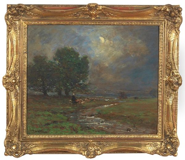 Landschaft Figural Mit Schaferin Und Schafherde Staffiert Im Hintergrund Ein Aufsteigendes Gewitter Oil Painting by Fernand Maillaud