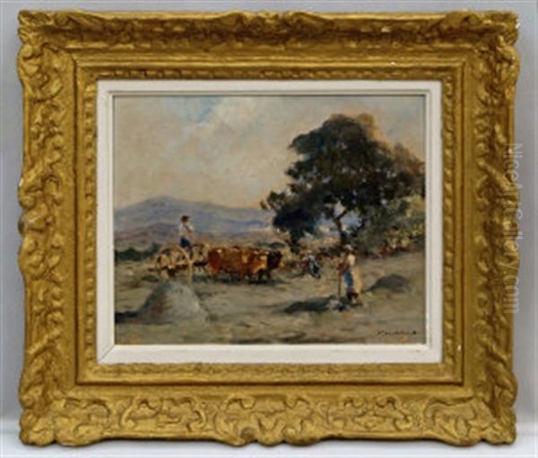 Field Workers With An Oxen And Cart On A Hillside Oil Painting by Fernand Maillaud