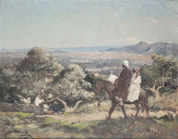 Homme Et Femme A Cheval Dans Un Paysage D'afrique Du Nord Oil Painting by Fernand Maillaud