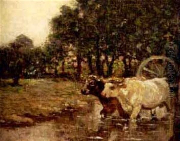 Ox Cart Fording A Stream Oil Painting by Fernand Maillaud