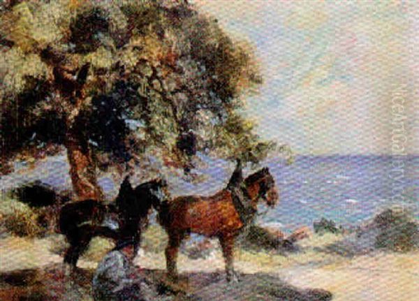 La Halte Du Ramasseur De Varech En Bord De Mer Oil Painting by Fernand Maillaud