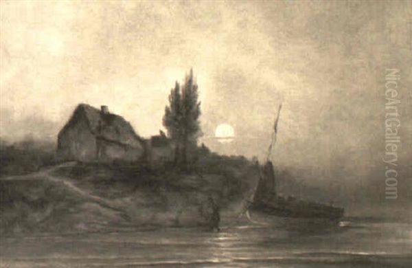 A Fishing Boat By A Cottage At Moonlight Oil Painting by Fernand Maillaud