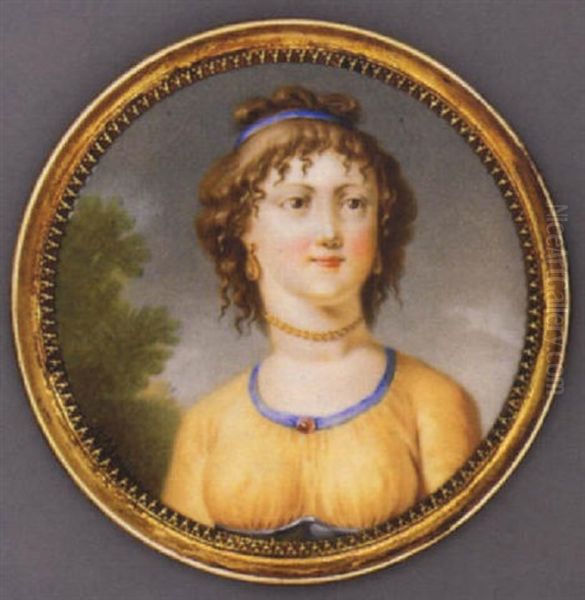 A Young Lady In Yellow Silk Dress With Blue Bandeau, Gold Necklace, Drop Gold Earrings, Blue Bandeau In Her Curled And Upswept Hair Oil Painting by Barnabe Augustin de Mailly