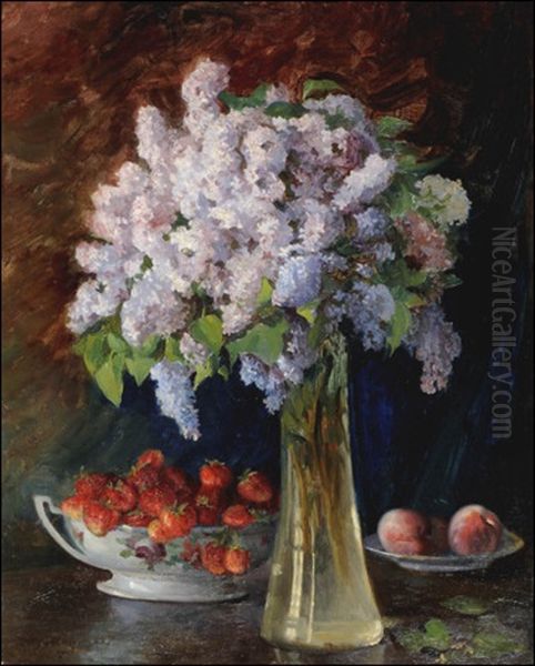 Still Life With Lilacs And Strawberries Oil Painting by Moicey Maimon