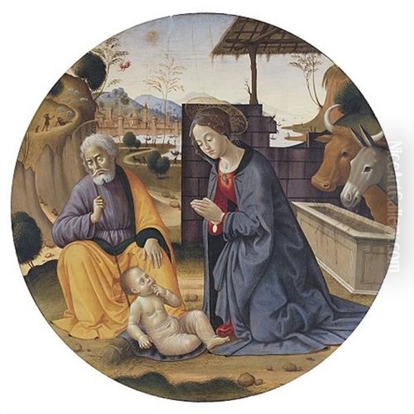 The Madonna And Saint Joseph Adoring The Christ Child, The City Of Florence Beyond Oil Painting by Sebastiano di Bartolo Mainardi