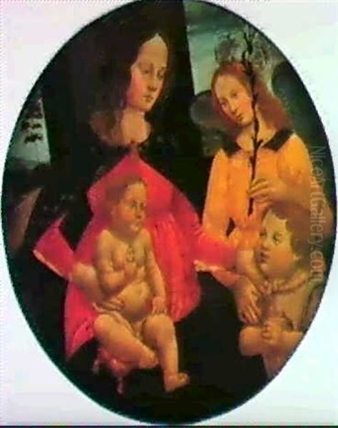 A Tondo: The Madonna And Child With The Infant Saint        John The Baptist And An Angel Oil Painting by Sebastiano di Bartolo Mainardi