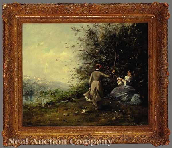 Two Ladies Fishing Beside A Pond Oil Painting by Gustave Maincent