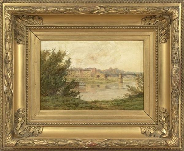 View Of A Town By The River, Witha  Barge And A Bridge Oil Painting by Gustave Maincent