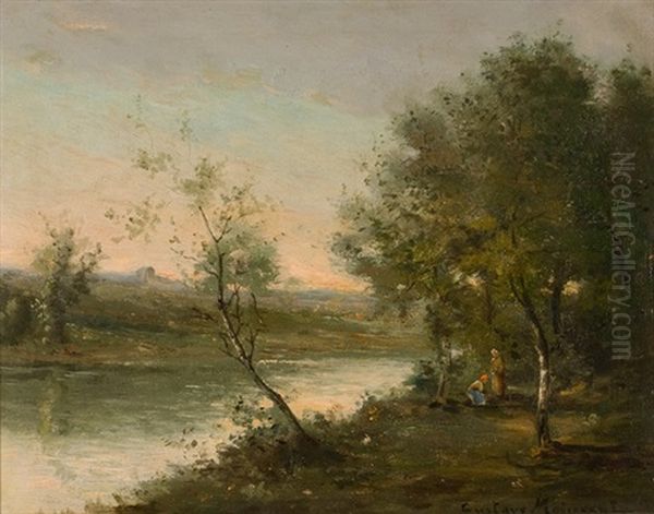 Baumbestandene Flusslandschaft Mit Figurenstaffage Oil Painting by Gustave Maincent