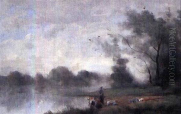 Paysage De Bord De L'eau Avec Lavandieres Oil Painting by Gustave Maincent