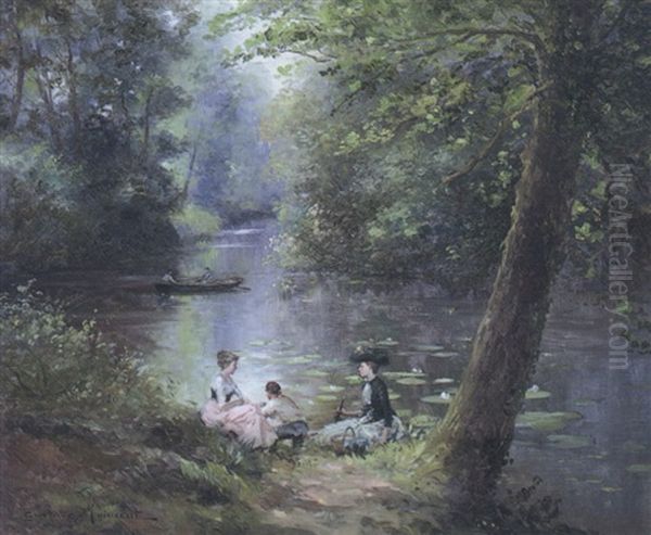 A Peaceful Afternoon By The River Oil Painting by Gustave Maincent