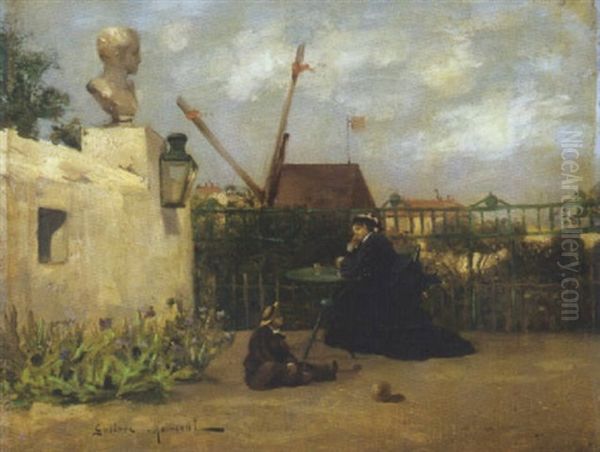 Mere Et Enfant Sur Une Terrasse A Montmartre by Gustave Maincent