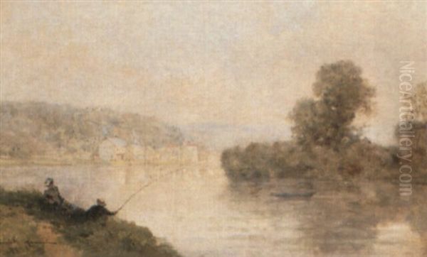 Fishing By A River Oil Painting by Gustave Maincent