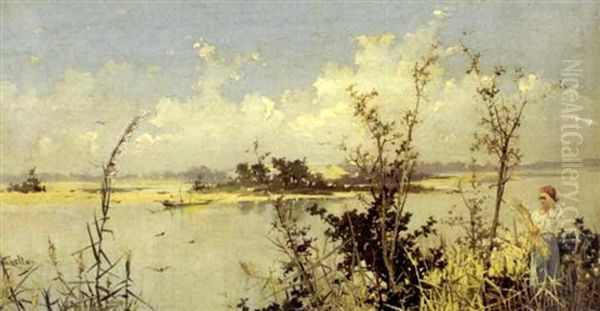 Landscape With Girl Gathering Grasses Alongside A Lagoon Oil Painting by Raffaele Mainella