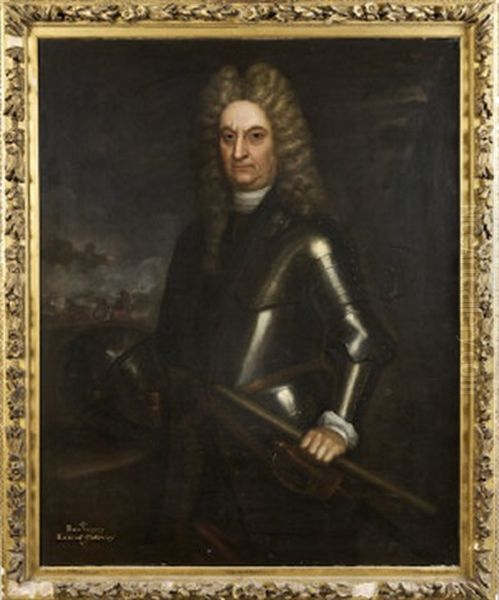 Rouvingy, Earl Of Gallway. Three Quarter Length, In Armour, A Battlefield In The Background Oil Painting by Martin Maingaud