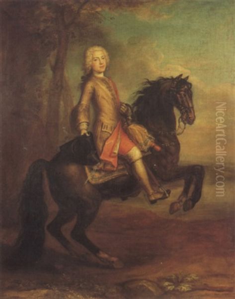 Equestrian Portrait Of A Gentleman, Probably Mr. Glover,    Dancing Master In London Oil Painting by Martin Maingaud