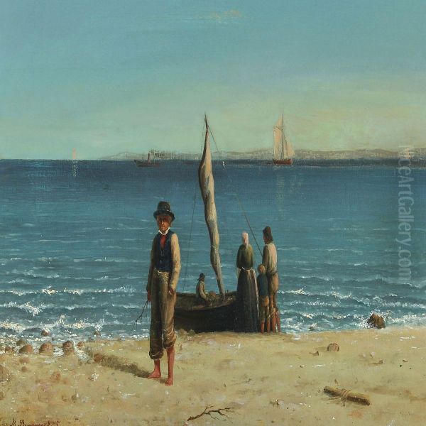 Coastal Scenery With Persons By Fishing Boat Oil Painting by M Berggreen