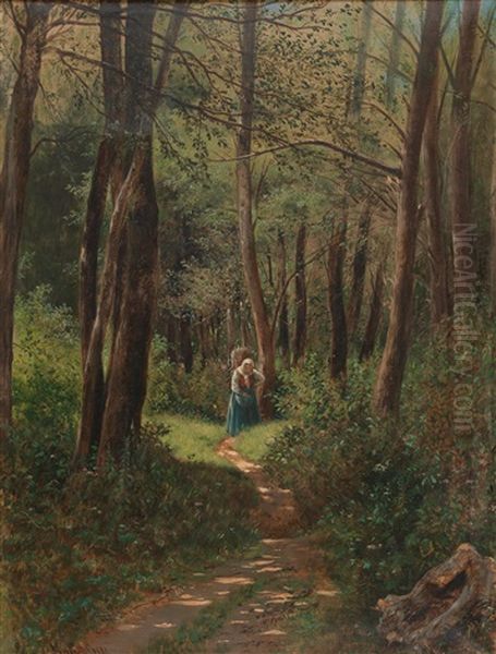 Woodland Landscape In Summer With Woman Gathering Brushwood Oil Painting by Eduard Maisch