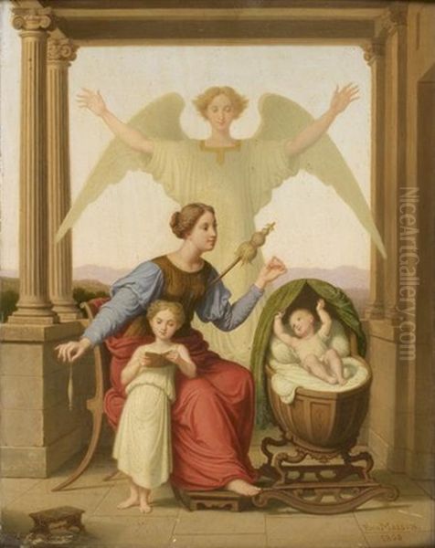 Jeune Mere Et Ses Enfants Veilles Par Leur Ange Gardien Oil Painting by Pierre-Eugene Jules Maison