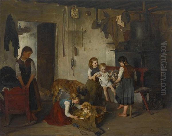 Kinder Mit Hunden In Der Stube Oil Painting by Gustav Majer