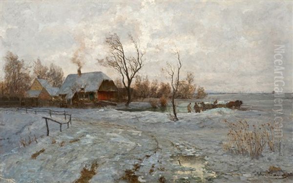 Beim Eisschneiden Oil Painting by Gustav Majer