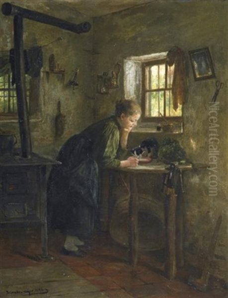 Interieur Mit Madchen Und Katze Oil Painting by Gustav Majer